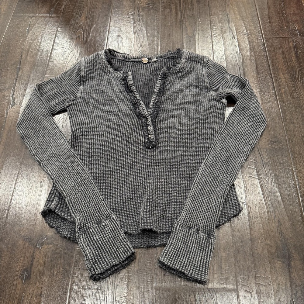 Free People Colt Thermal Womens XS Gray Waffle Knit Henley Grunge Boho Beach